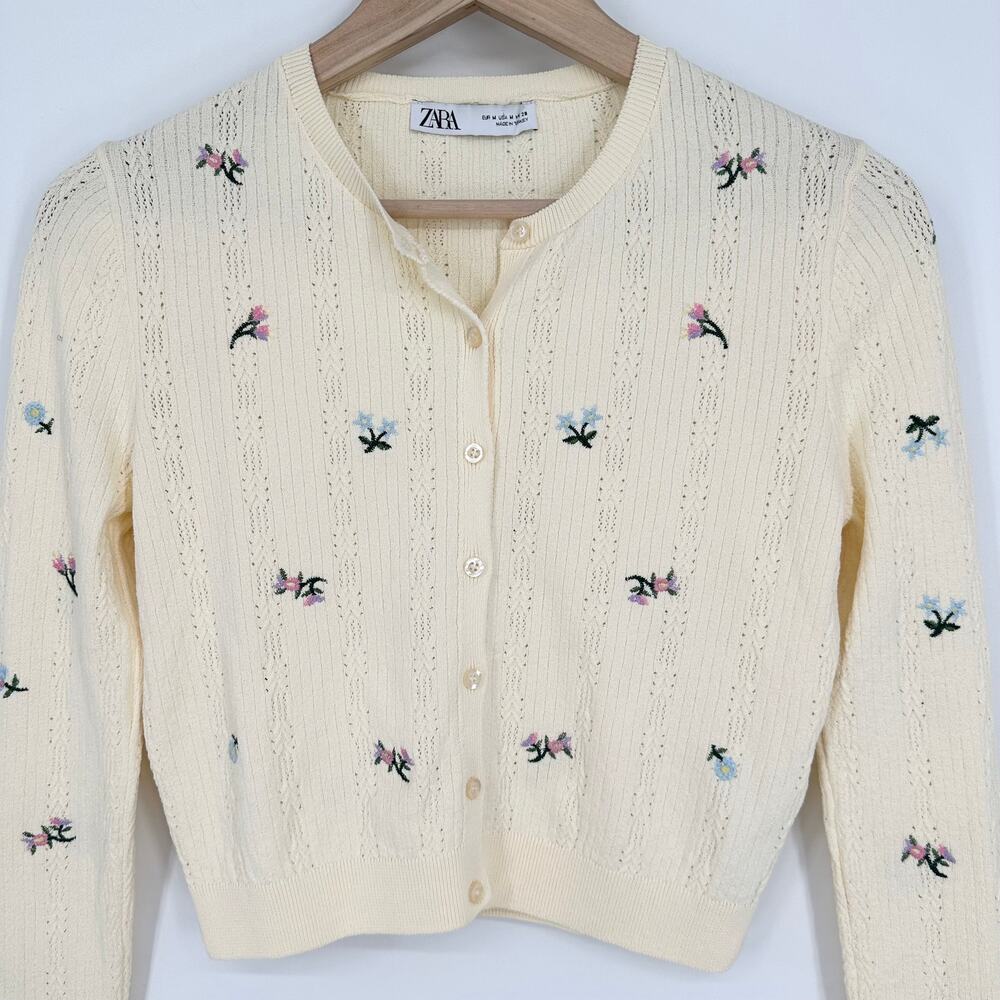 ZARA Embroidered Floral Cropped Cardigan Cottagecore Vintage Inspired Sweater - Picture 7 of 13